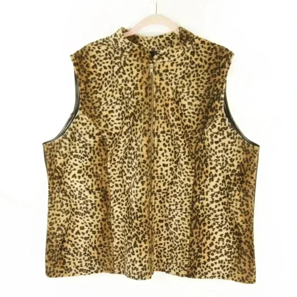Vintage 90s Leopard Print Faux Fur Velvet Black Faux Leather Vest